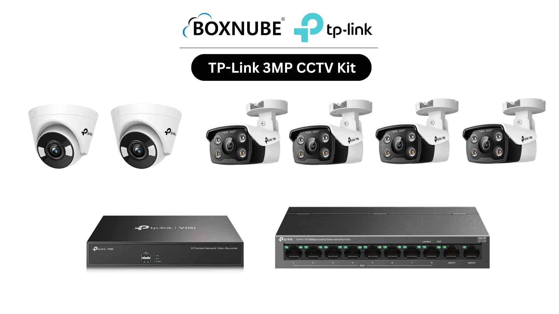 TP-Link VIGI 3MP Full HD 6 Camera Kit Bundle | 4 x VIGI C330, 2 x VIGI C430, 8 Channel NVR, 8 Port PoE Switch | Ideal for homes, shops & small offices TP-Link VIGI 3MP Full HD 6 Camera Kit Bundle | 4 x VIGI C330, 2 x VIGI C430, 8 Channel NVR, 8 Port PoE Switch | Ideal for homes, shops & small offices